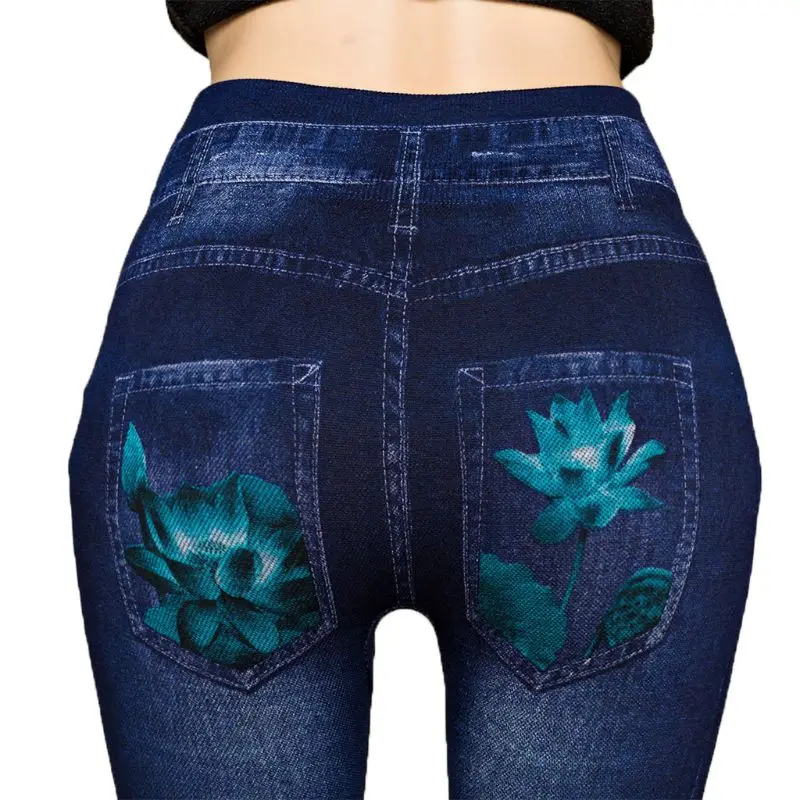 Женские леггинсы с цветочным принтом из искусственного денима Бесшовные