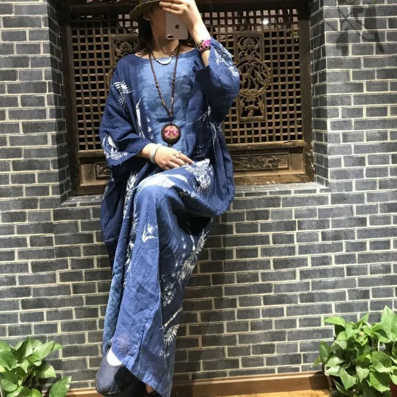 

Top Quality Women Loose Maxi Long Dress Handmade Plants Dyeing Cotton Linen Priest Frock Robe Retro Printed Floor Length Dresses