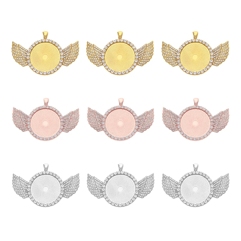 

2pcs Alloy Inlay Diamond with Double Wings Hangle Loop Gold/Silver/Rose 25/30mm Pendant Base For Jewelry Making Accessories