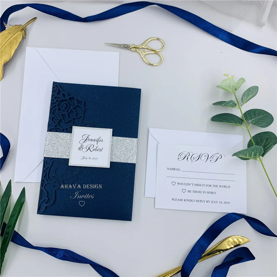 Elegant Modern Navy Laser Cut Pocket Wedding Invitation Suite With Glitter Silver Tag RSVP card And Envelope | Дом и сад