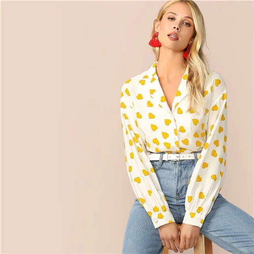 White Dotfashion, повседневная желтая блузка с принтом сердца, женская рубашка, осень, на пуговицах, v-образный вырез, блузки для девушек, отделка, милый топ - Цвет: White