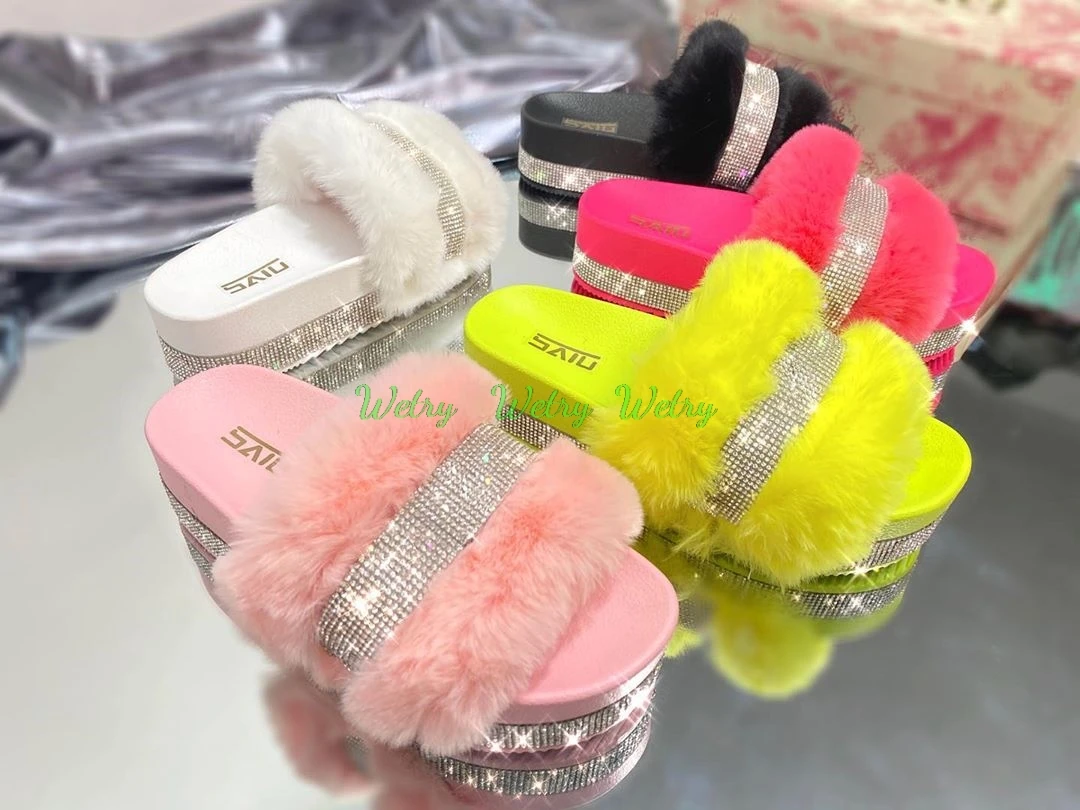 

Women Fur Slippers Summer Furry Slides Female Fluffy Indoor Shoes Women's Bling fuzzy Slide House Sliders wholesale Dropshipping