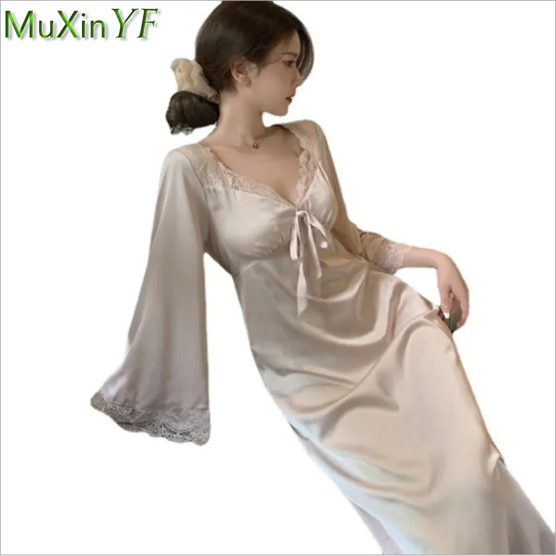 Summer Nightdress Women's Hollow Deep V Satin Lace Nightgown  2021 New Sexy Lingerie Dress Female Elegant Pajamas Nightie