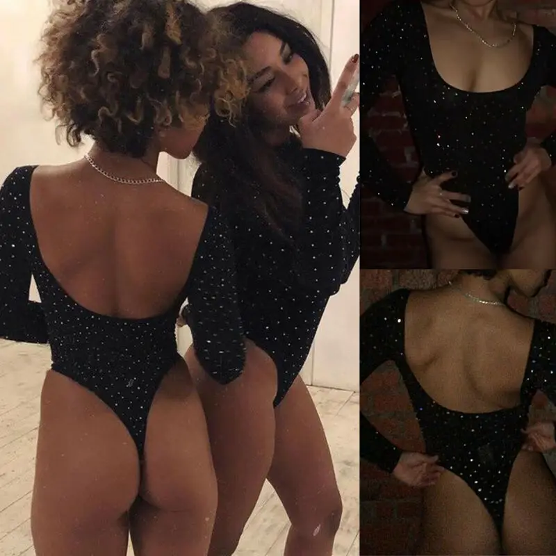 Женский облегающий боди со стразами клубный комбинезон с блестящими блузка