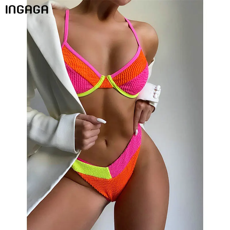 

INGAGA Colorblock Bikini Sexy Swimwear Ribbed Women's Swimsuit 2022 Brazilian Biquini Summer High Cut Bathing Suits Beachwear