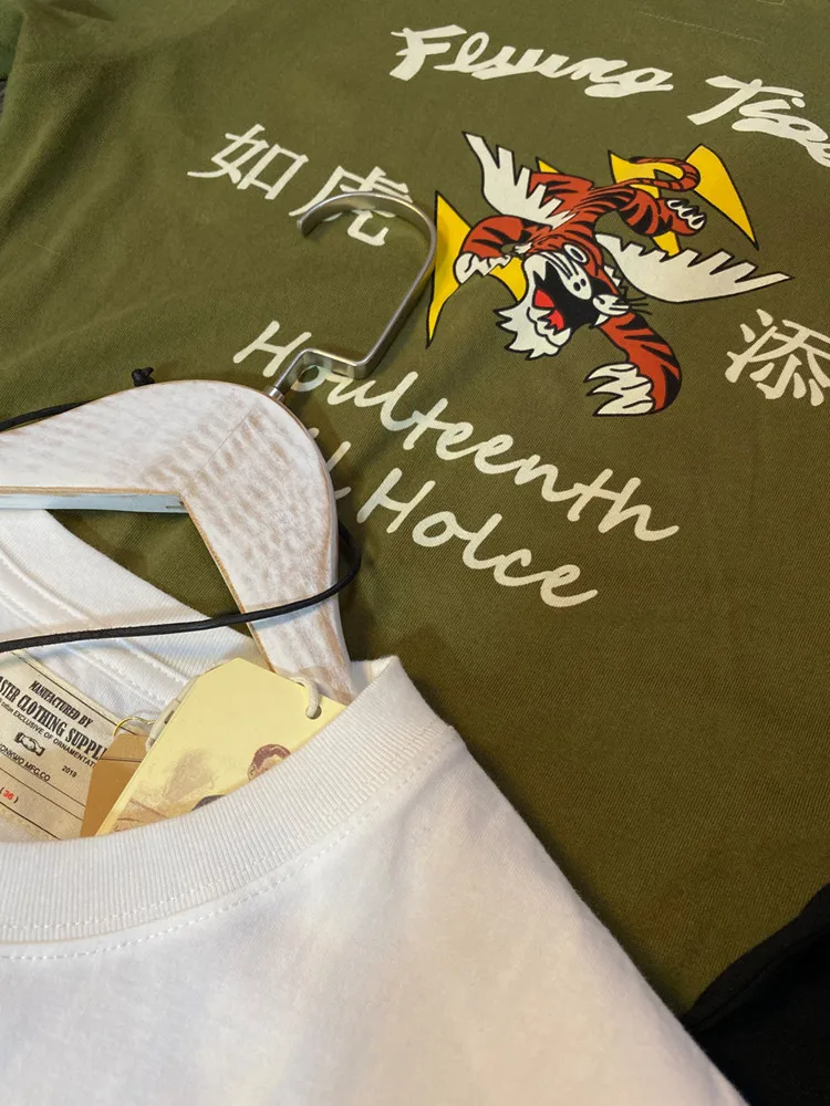 

2021SS Amekaji Vintage Industrial Military Flying Tigers T-shirt 200 Grams Short-sleeved T-shirt for Men and Women