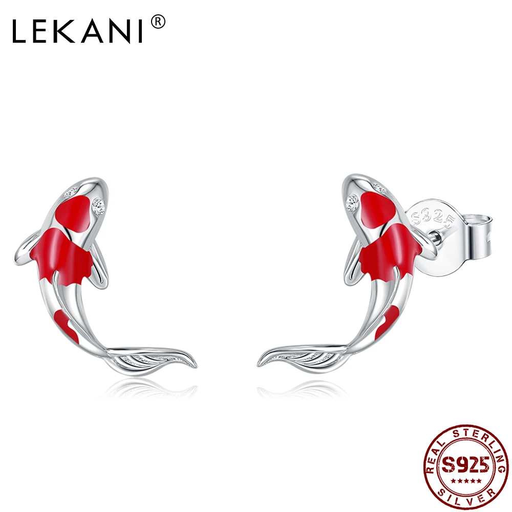 

LEKANI Fish Red Enamel Stud Earrings For Women Real 925 Sterling Silver Lucky Ear Studs Trendy Silver Jewelry Girls Party Gift