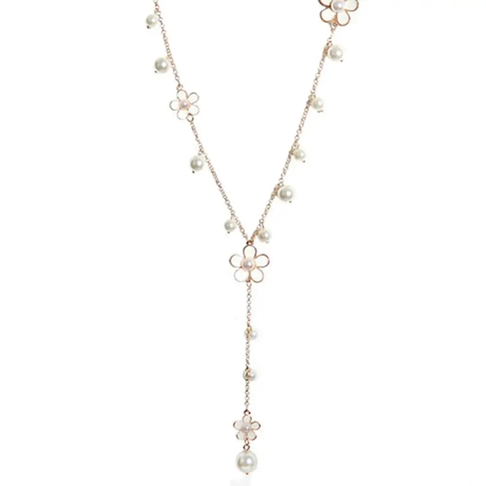 

80% Hot Sale Women Necklace Fashion Korean Style Faux Pearl Flowers Long Necklace Sweater Chain Accessories