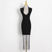 sexy slim dresses for women turtleneck sleeveless high waist black patchwork diamond grid dress female fashion