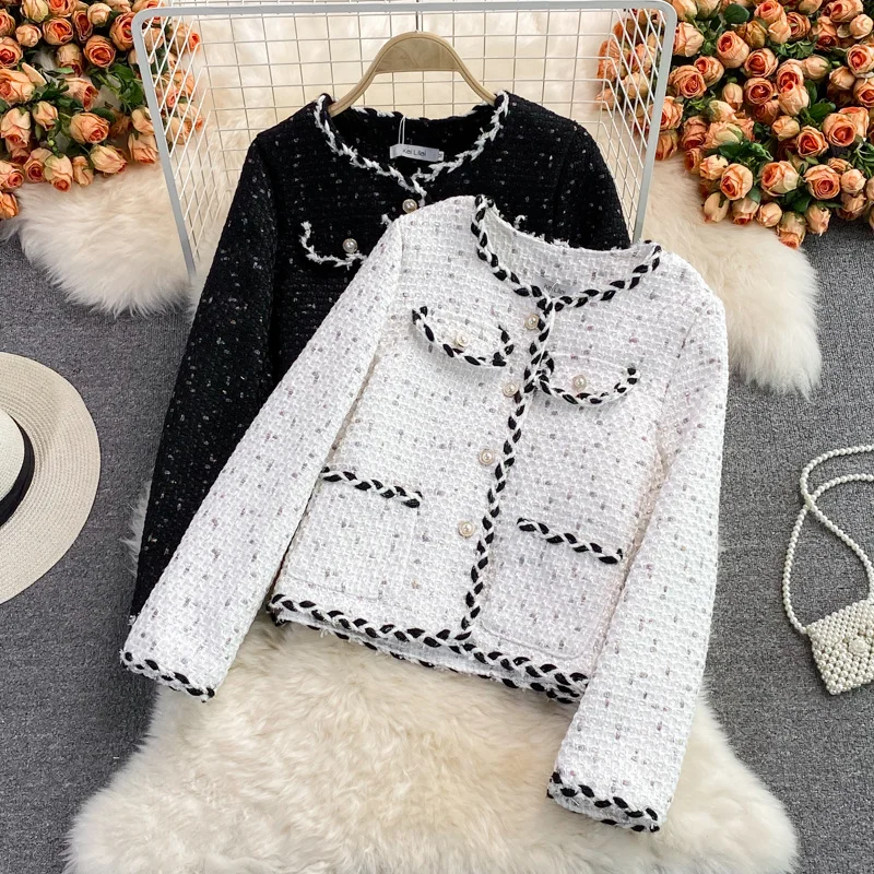 

Женская твидовая куртка, маленькое пальто на осень и зиму, новинка 2021, французское винтажное шерстяное короткое пальто, Корейская Повседневная Верхняя одежда, укороченный топ