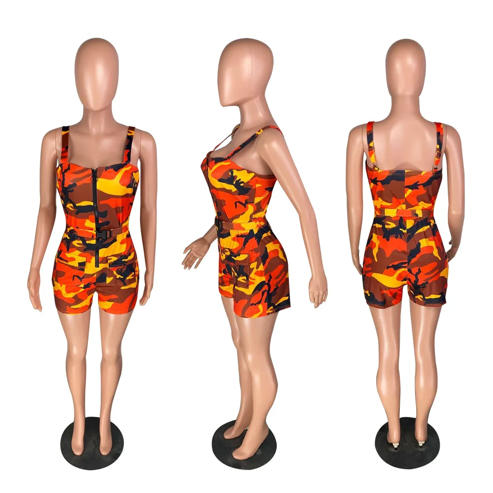 

Sport Women Camouflage Print Spaghetti Strap Zipper Up Shorts Jumpsuits Romper Safari Elegant One Piece Outfits Playsuit