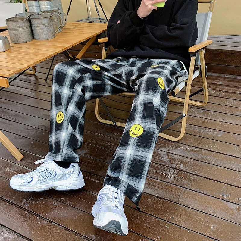 

Мужские брюки в клетку Privathinker, повседневные штаны большого размера с принтом улыбки, черно-белые, на шнуровке, уличная одежда, 2021