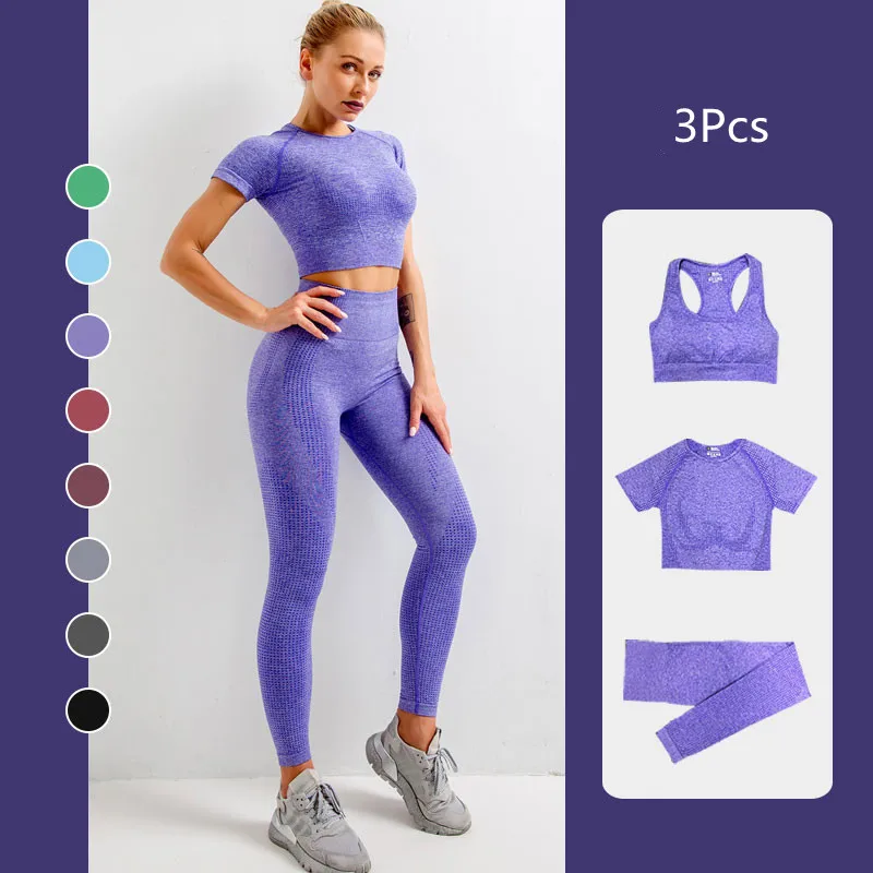 

2/3/5PCS Women Seamless Sports Wear Yoga Set Workout Gym Clothing Fitness Long Sleeve Crop Top High Waist Leggings Sports Suits