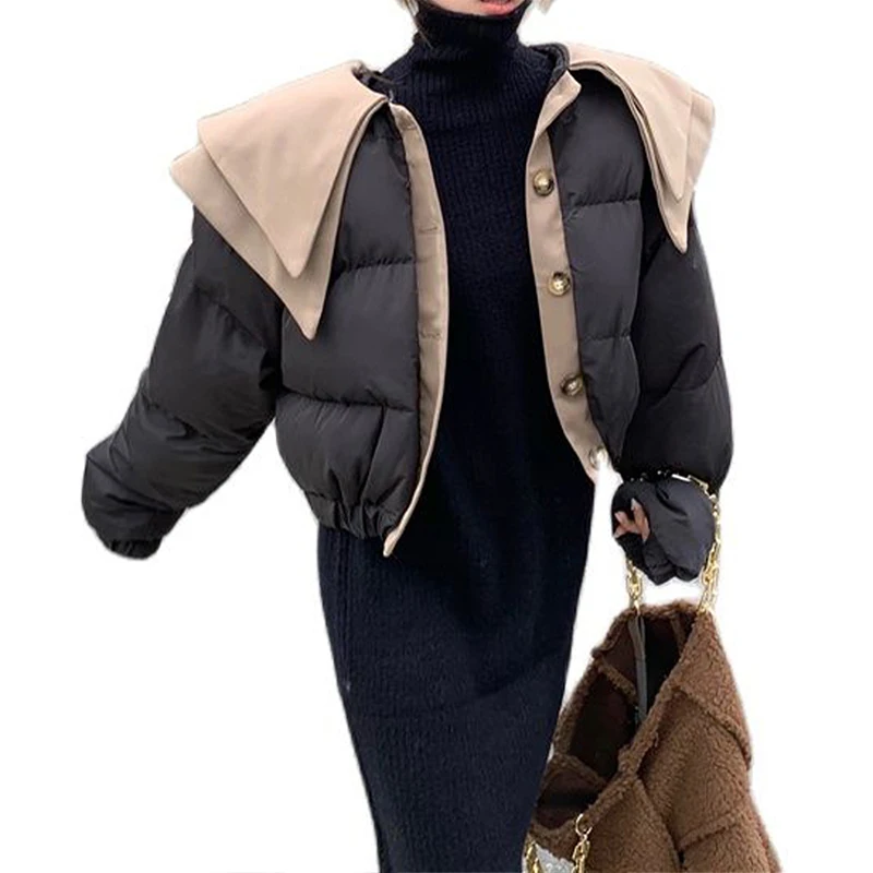 

Модная двухслойная куртка контрастных цветов с кукольным воротником, Плотная хлопковая куртка для женщин, зима 2021, лидер продаж, повседневн...