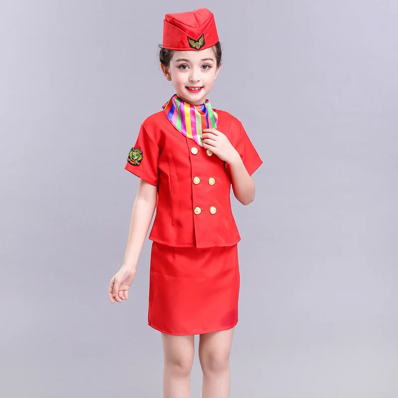 Red short set Детский костюм стюардессы на Хэллоуин для девочек, костюм стюардессы самолета, стюардессы, официантки, школьная форма для танцев - Цвет: Red short set