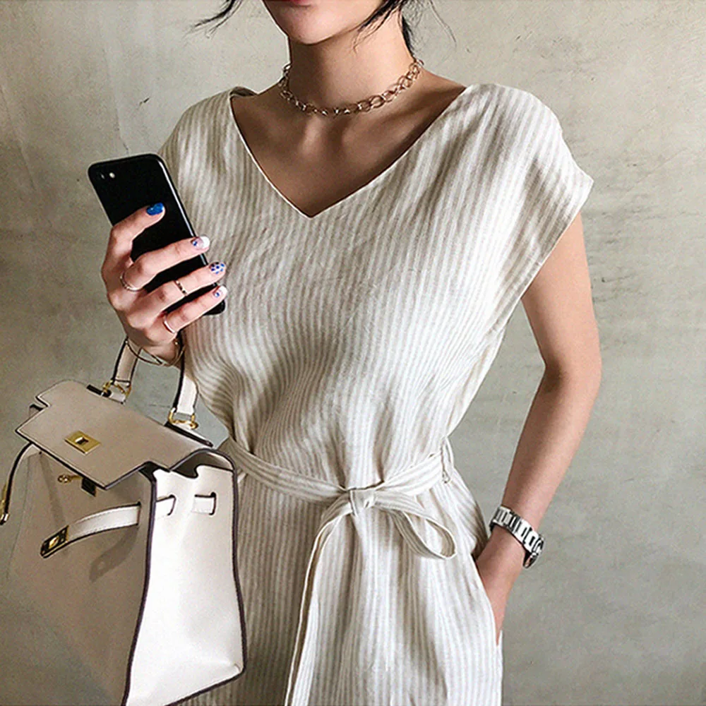 

Striped A Line Summer Dress Women Elegant Office High Waist Maxi Dresses Robe Femme Long Vestiods 2021 Fashion Summer