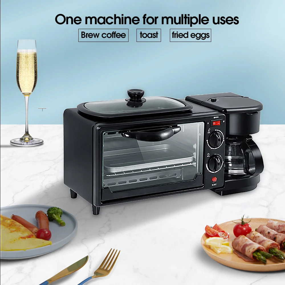 

Electric Oven 3-in-1 Breakfast Machine Multifunction Drip Coffee Maker Teppanyaki Bread Pizza Omelette Frying Pan Toaster