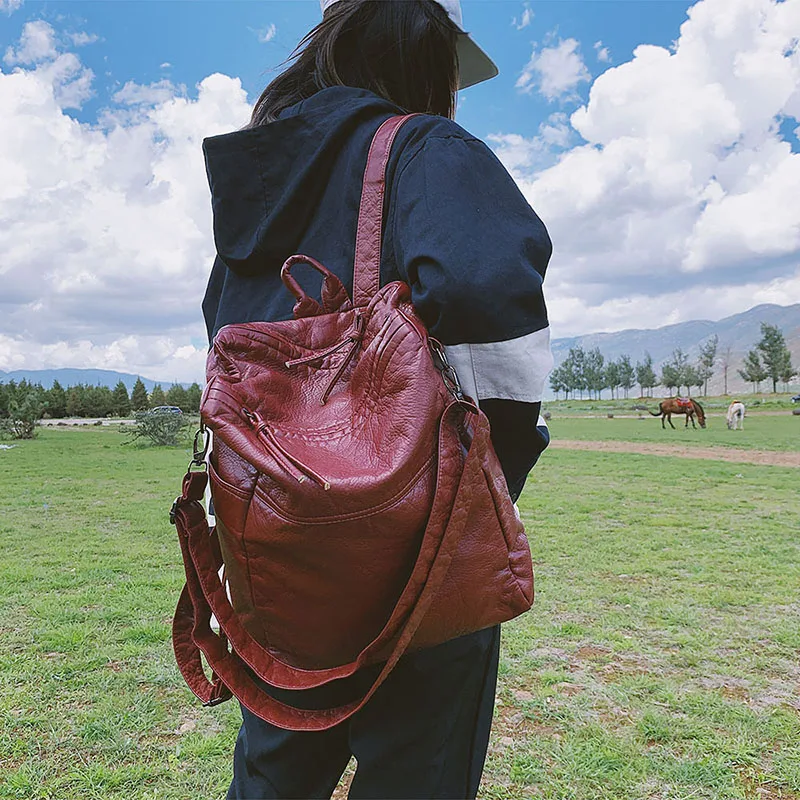 Женские рюкзаки из мытой кожи в стиле ретро многофункциональная вместительная