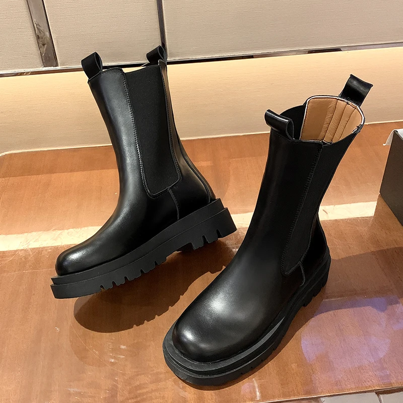 

Xuan mei lun bottines Chelsea en cuir PU noir pour femme, grosses chaussures d'hiver, peluche, plate-forme, mode automne