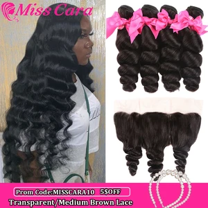 Перуанские пучки свободных волн с фронтальной 100% человеческие волосы 34 пучки с фронтальной Miss Cara Remy передние волосы пряди