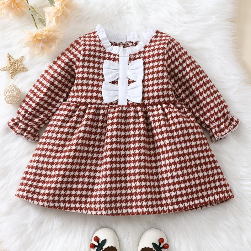 

Fashion Baby Girl Clothes Baby Dress Bow Houndstooth Long Sleeve Baby Girl Dress Party Wedding Princess Dress Baby Clothes 0-18M