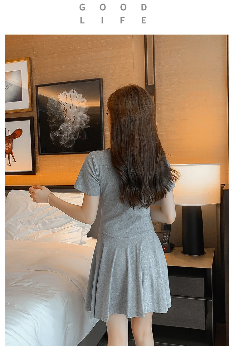 

Mini Cotton Dress Girls Solid A-line Short Sleeve O-neck Wrinkled Stretchy Dresses For Women 2021 Summer Real Photos