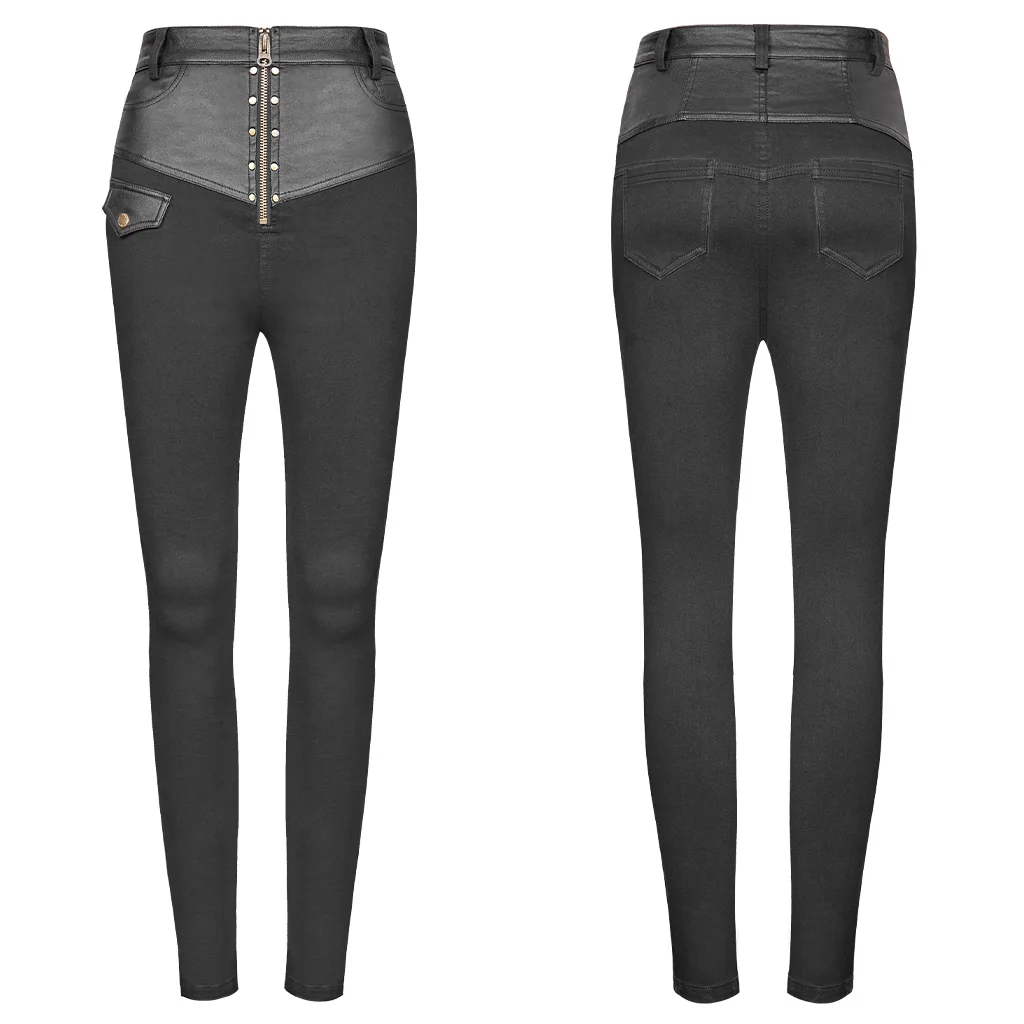 PUNK RAVE Women's Punk High Waist PU Texture Stitching Trousers Elastic Denim Small Cover Bag Decoration Female Pencil Pants