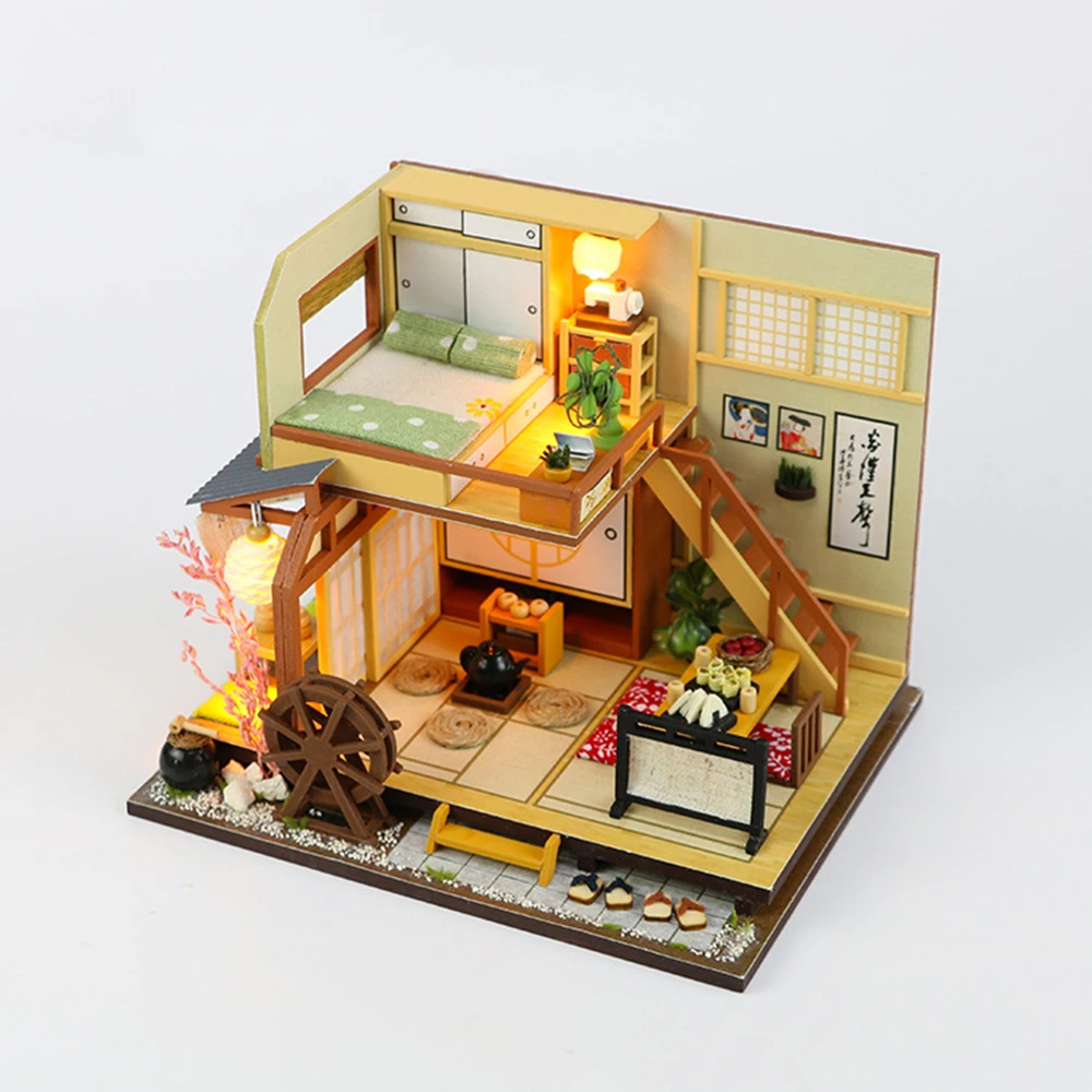 

DIY MINI Doll House Kit Modern Scene Hut Sushi Shop 3D Wooden Miniature Dollhouse Accessories LED Lights Birthday Gift Decor