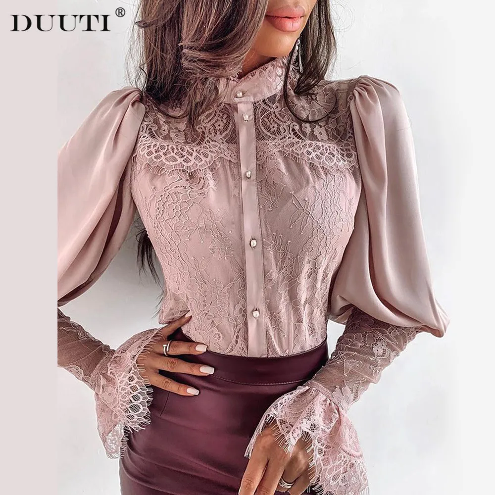 DUUTI женские кружевные лоскутные блузки с пышными рукавами на пуговицах Осень