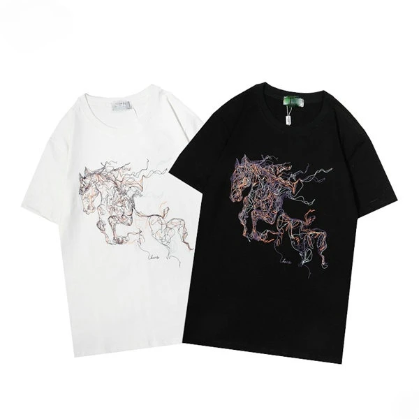 

New 2021 Fashion Style High Street Wind Comfortable T-shirt Leisure Mercerized Cotton The Letter Three-dimensional Horse