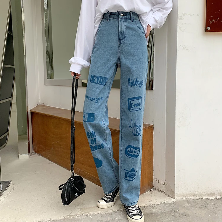 

2021 Spring Vintage Women Wide Leg Jeans Graffiti Printed High Waist Blue Denim Jeans