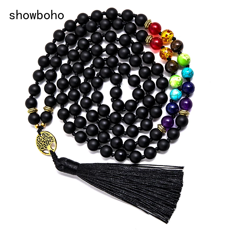 8 мм матовый черный оникс 7 Чакра бусины узел 108 Мала ожерелье медитация Йога дух