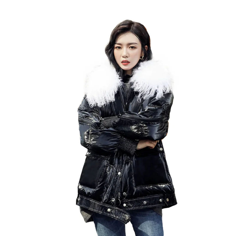 

winter new style short hooded warm white duck down jacket black bright face female Korean coats fashion big collar women jackets