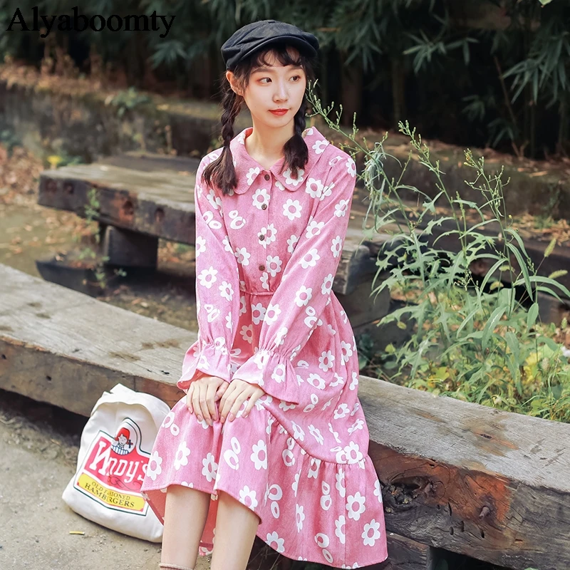 Женское вельветовое платье с отложным воротником и цветочным принтом | Женская