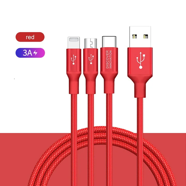 3 in 1 Cable Red 3A Нейлоновый Плетеный Универсальный 3 в 1 usb зарядный кабель адаптер для iOS для iPhone usb type C Micro USB разъем для Xiaomi OnePlus - Цвет: 3 in 1 Cable Red 3A