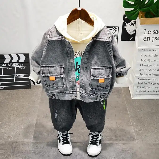 

Boys Clothing Spring Autumn Baby cowboy coat, hoodie and jeans 3Pcs/Suit Children Cotton Letter Sets Kids Clothes Tracksuit