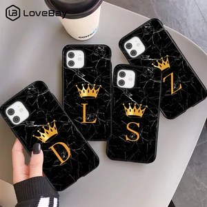 initial letter a z crown phone case for iphone 11 12 13 mini pro max x xr xs max 8 7 plus marble texture couples soft tpu cover free global shipping