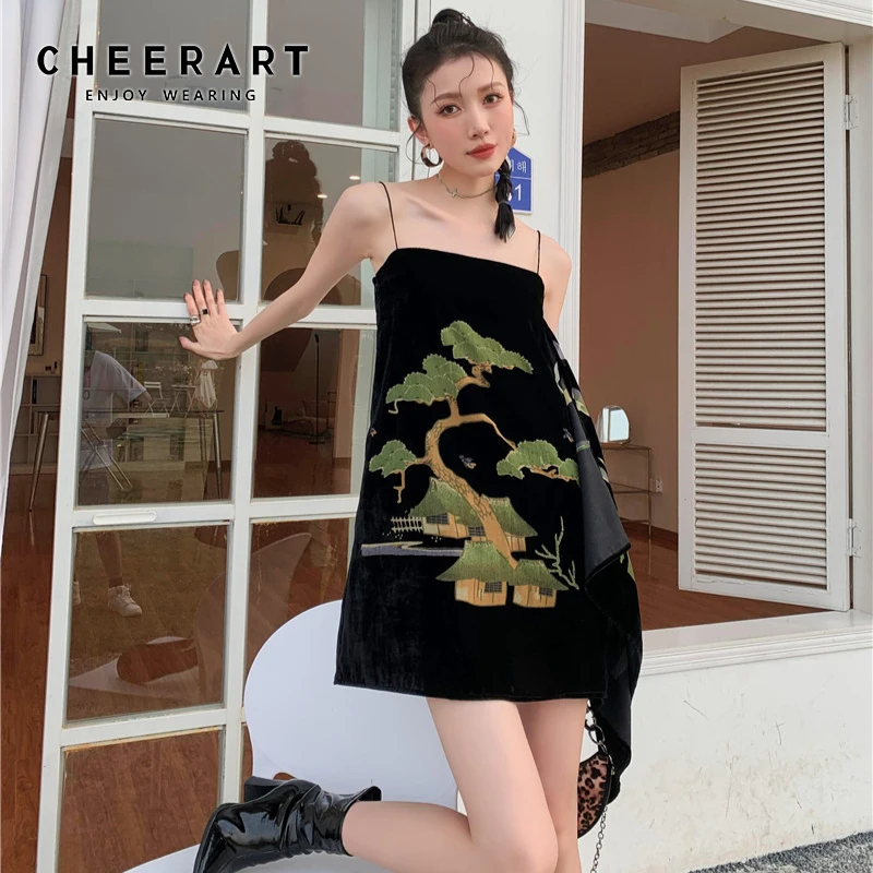 

CHEERART Pine Black Summer 2021 Slip Dress Women Mini Spaghetti Strap Cami Dress Ladies Designer Chinese Traditional Dress