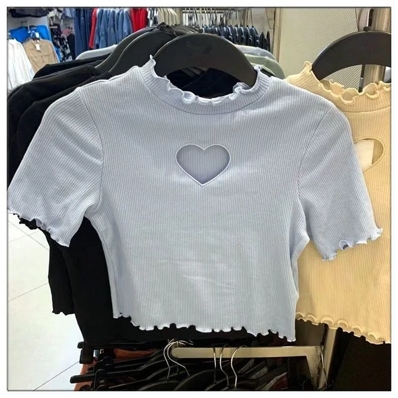 

Japanese love hollow short sleeves long women's T-shirts will see new Korean drooling short section exposed umbilical student