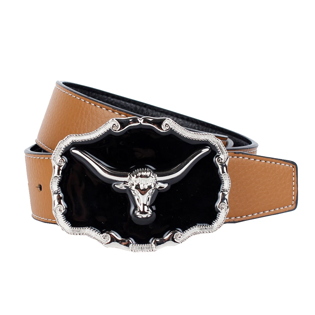 

Buffalo Head Buckle Leather Belt American Cowboy Cowgirl Waist Belt