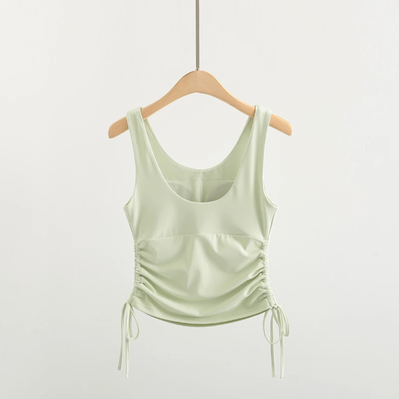 Nylon Drawstring Tank Top  Sleeveless Yoga Shirt  Women Compression Workout Top Sports Shirt with Padded Bra