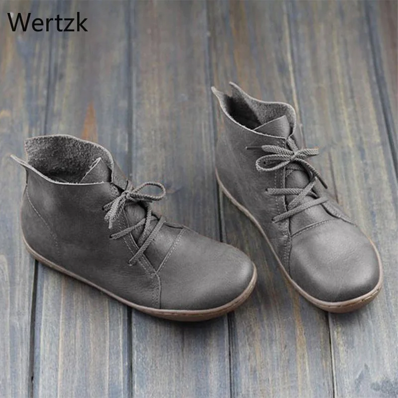 2020 Women Genuine Leather Ankle Boots Ladies Retro Shoes Woman Flats Lace Up Lightweight Soft Bottom Sewing Women's A721 | Обувь