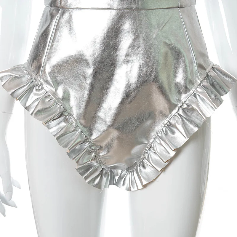 

bright PU leather bodysuit off shoulder strapless ruffles ruched backless zip up one piece outfits jumpsuit sexy party clubwear