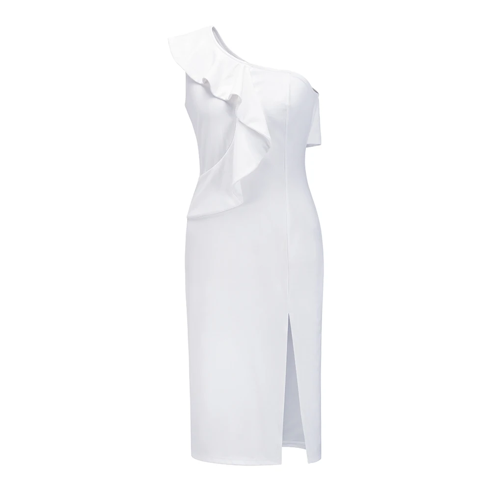 

Women's One Shoulder Sexy Slim lotus Sleeve solid Color Dress Women's Buttock Evening Bodycon Dress Skirt Sleeveless Split Dress