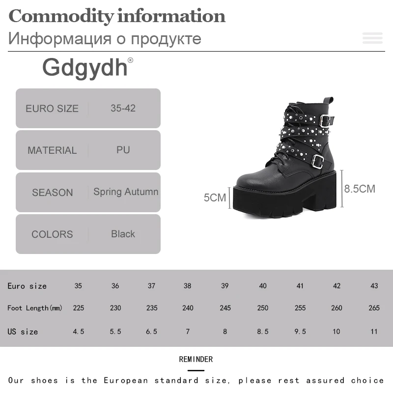 Gdgydh Sexy Rivets Women Gothic Boots Platform Chunky Heels with Zipper Big Size Cosplay Rave Boots of Women Ankle Buckle Strap