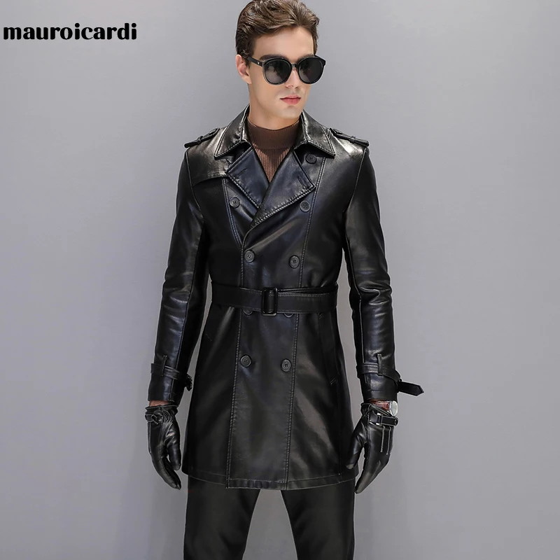 Mauroicardi-gabardina de piel sintética negra para hombre, abrigo de manga larga con cinturón de doble botonadura, ropa marrón de talla grande 2021 4xl 5xl