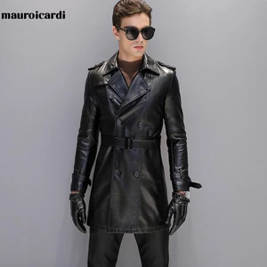Imported Mauroicardi Autumn Black Faux Leather Trench Coat Men Long Sleeve Belt Double Breasted Brown Plus Si