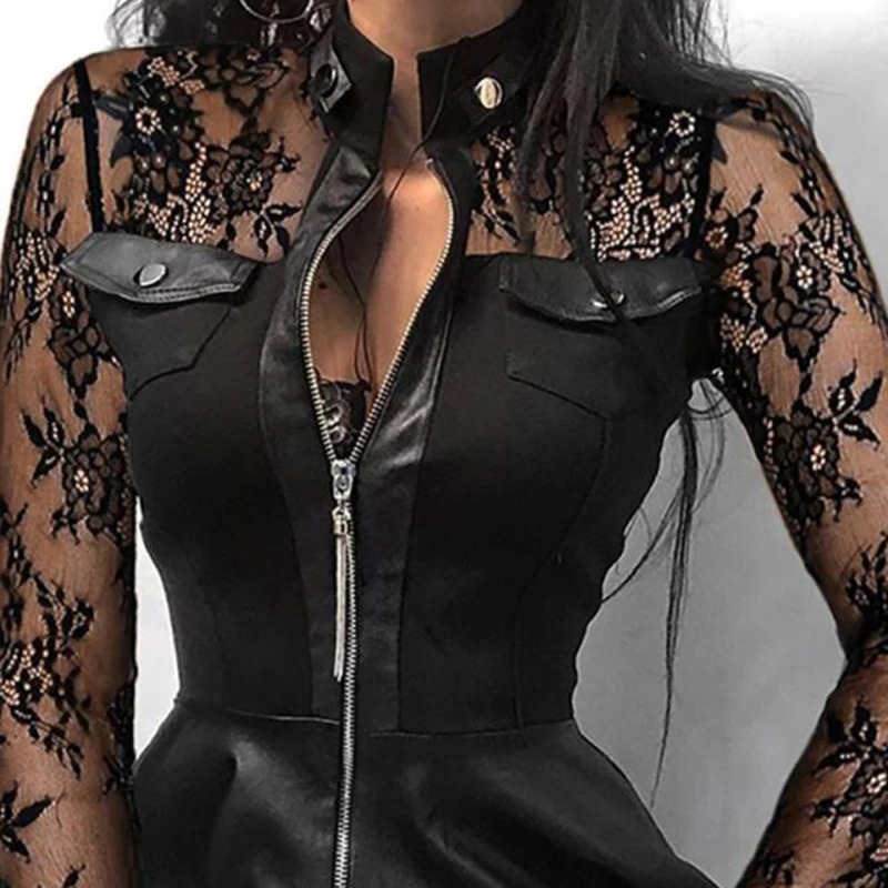 

Autumn Zipper Pockets PU Leather Dress Women Sexy Lace Mesh Sleeve Patchwork Party Dress Elegant Stand Neck Button Mini Dresses