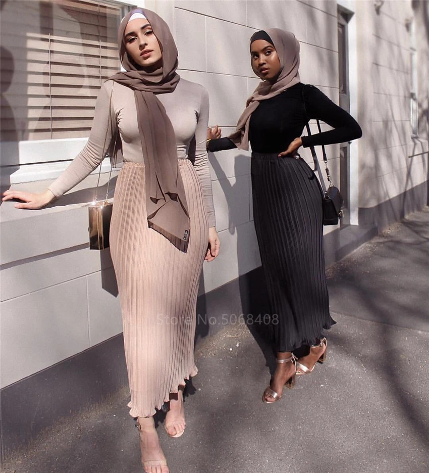 

Fashion Muslim Elegant Pleated Skirts ChiffonTurkish Solid Half Dress Women Hight Waist Buttons Party Long Maxi Islamic Clothing