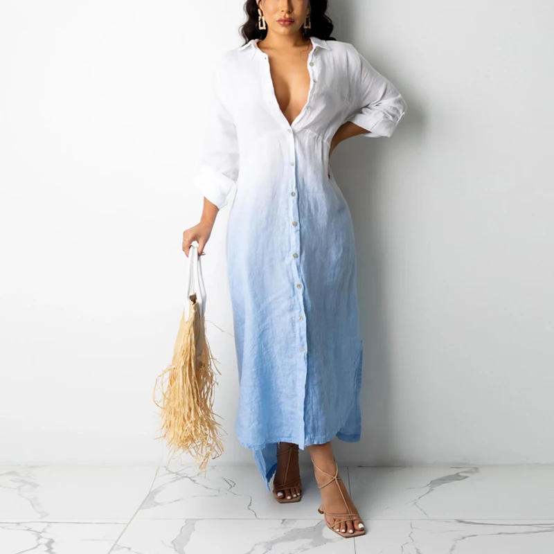 

Женское платье-рубашка на пуговицах, Элегантное повседневное Свободное платье с длинным рукавом и градиентным переходом цветов, осень 2021